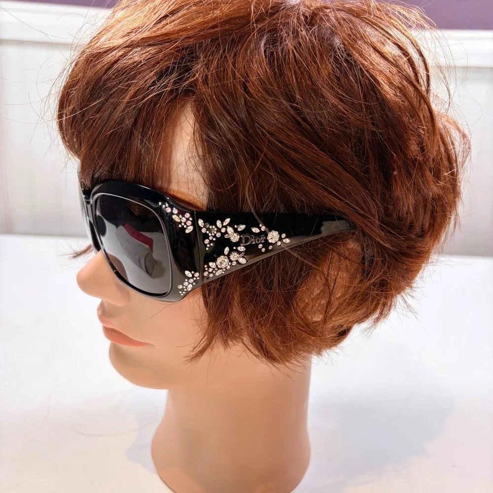 Christian Dior Sunglasses OS Black Crystal Floral Embellished Square Italy V2K